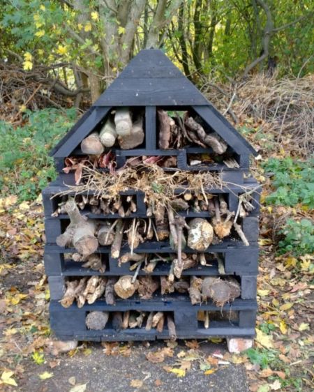 Bug hut full of wood, twigs and bricks 